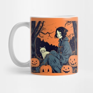 Halloween Sad Woman with Cat and coat Mug